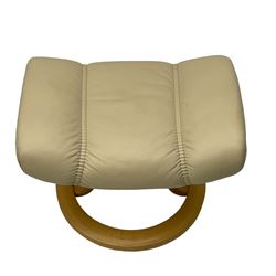 Stressless - swivel reclining armchair upholstered in cream leather (W77cm, H100cm); with matching footstool (W50cm)