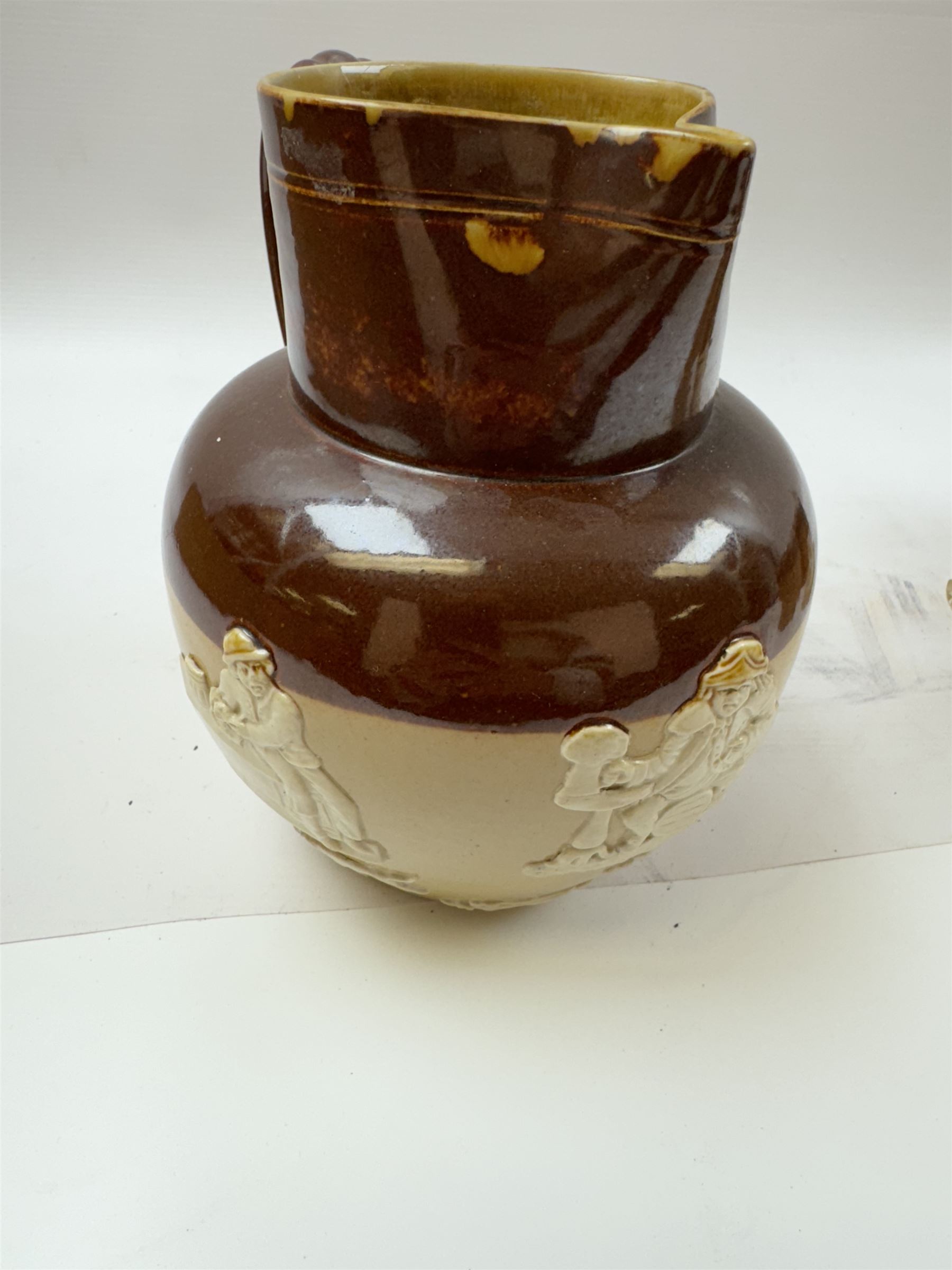 Doulton Lambeth harvest jug, together with two harvest tumblers iwth silver collars, and three other silver mounted items, including cut glass vase, scent bottle and a set of silver handled butter knives, all hallmarked 