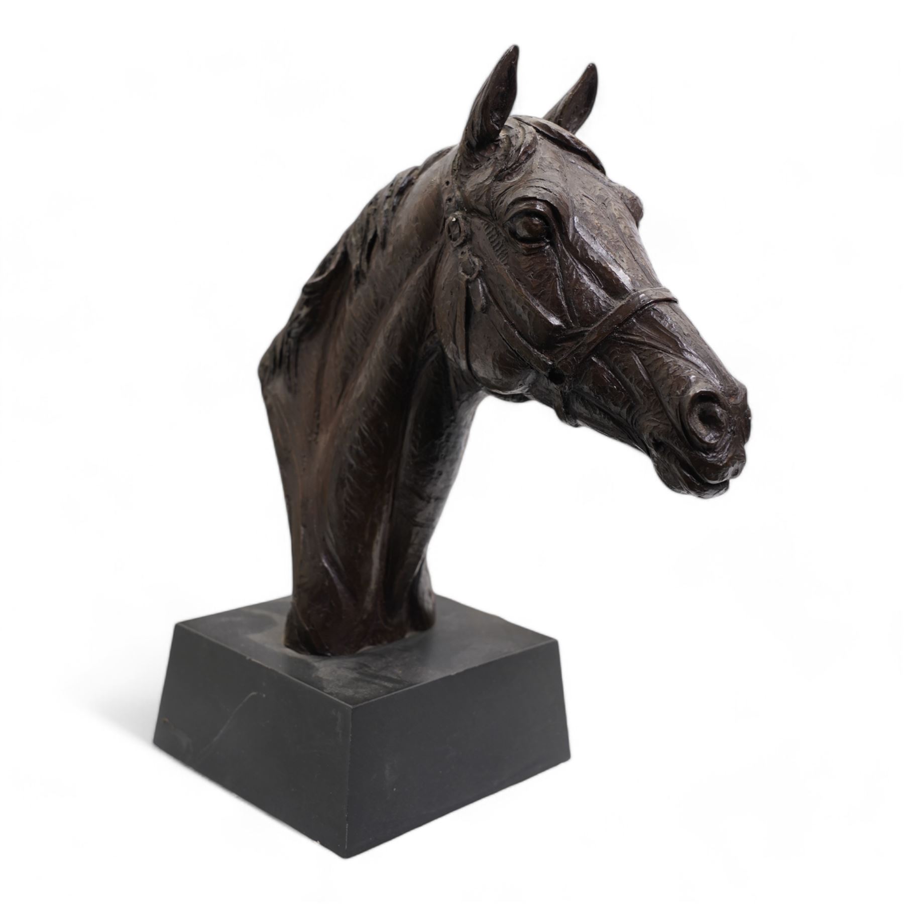 Bronze resin horse racing trophy by Doris Lindsey in the form of horse's head, two others by Robert Donaldson, various others and a number of plated challenge cups, variously engraved 