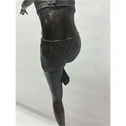 Art Deco style bronze, after Philipp, modelled as a dancer with her arms outstretched and one leg raised, on a veined marble tapering base signed Philipp and with foundry seal, H58cm