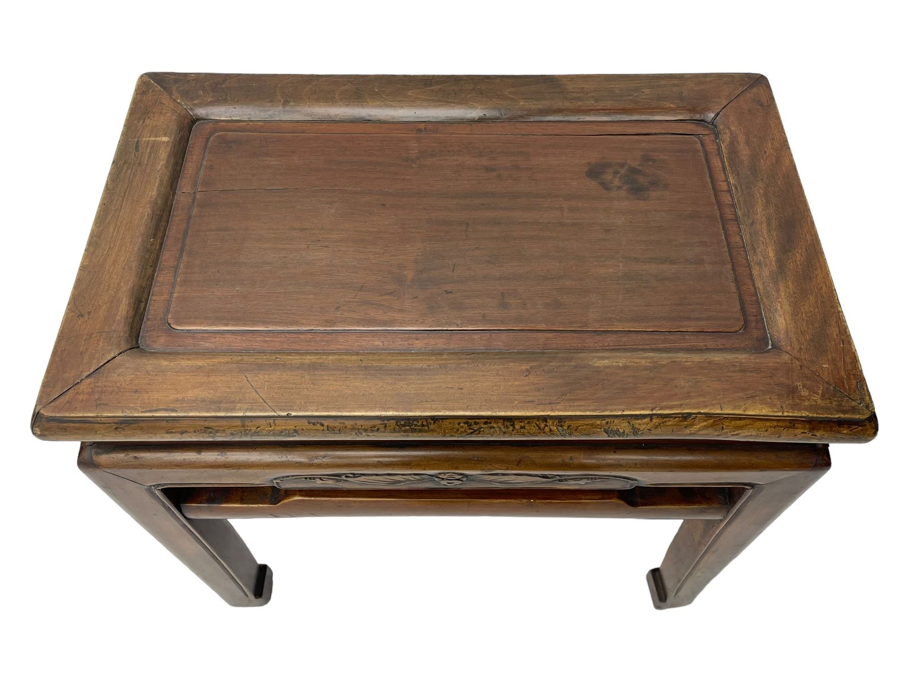 Pair of Chinese Hong Kong hardwood side tables, rectangular panelled top within moulded frame, the frieze rails carved with bats, on square supports terminating to hoof feet, united by shaped upper rails