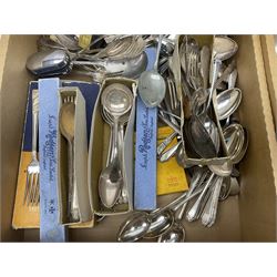 Wilson Line engraved silver plate, to include napkin holder, sauce boats, milk jugs etc, together with flatware, in two boxes  