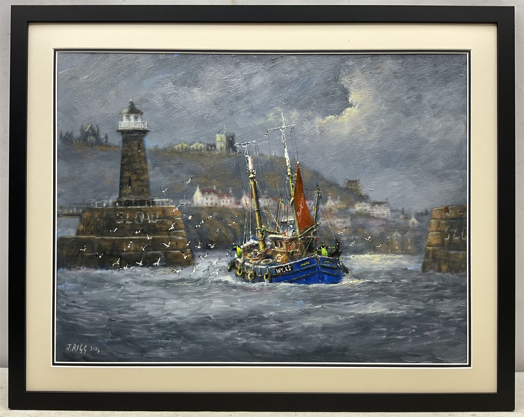 Jack Rigg (British 1927-2023): 'First Landing' - Entering Whitby Harbour, oil on board signed and dated 2014, titled verso 46cm x 60cm