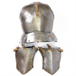 20th Century replica of a continental Cuirass body armour, comprising of breastplate and two leg guards with leather straps