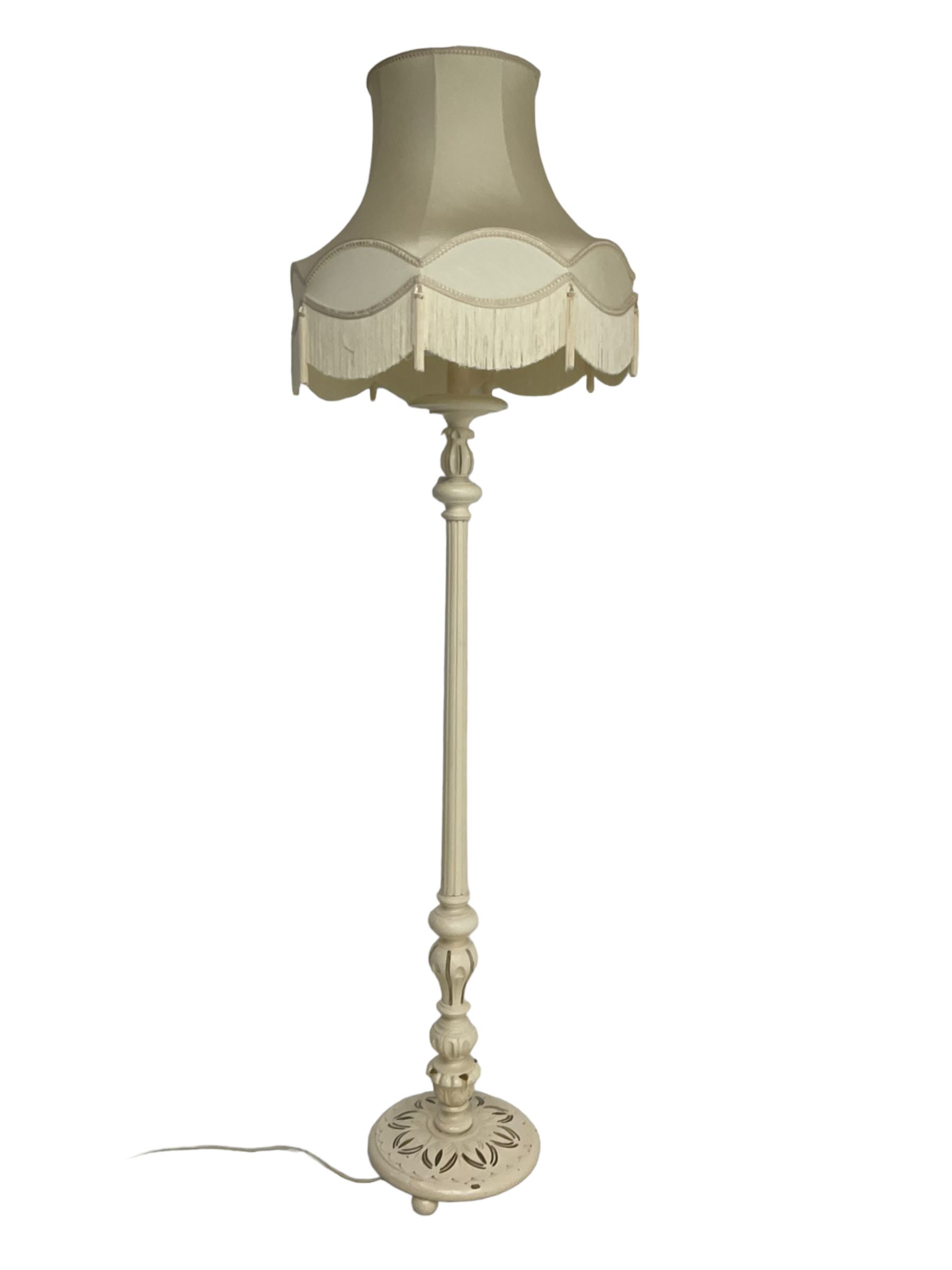 Victorian design Classical standard lamp, turned and fluted column with circular base, in cream finish, with matching fringed shade 