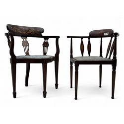 Edwardian inlaid mahogany corner chair, curved arms on shaped splat supports inlaid with s...