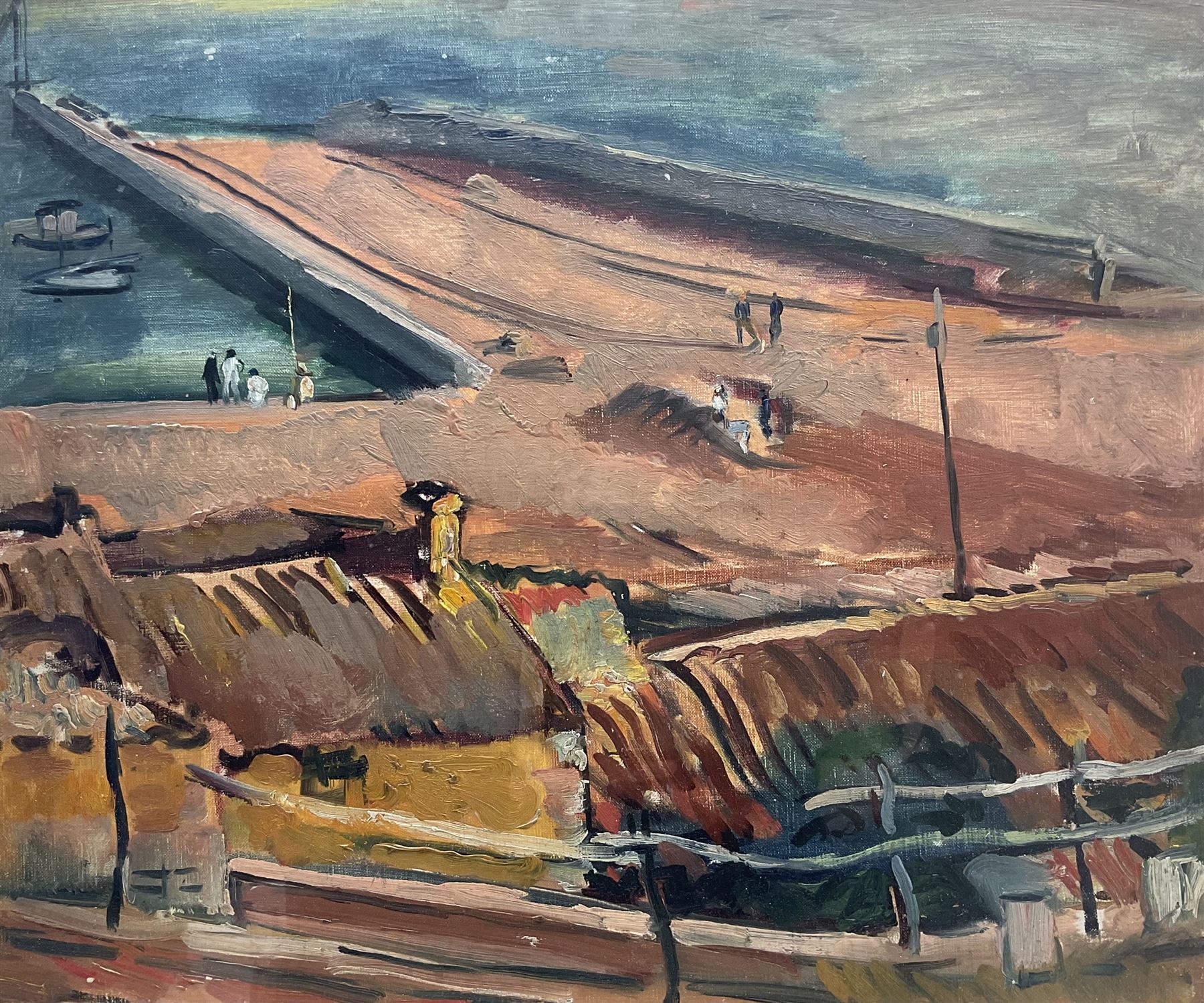 Philip Naviasky (Northern British 1894-1983): The Pier, oil on board unsigned, authenticated by the artist's wife Millie on label verso 36cm x 44cm