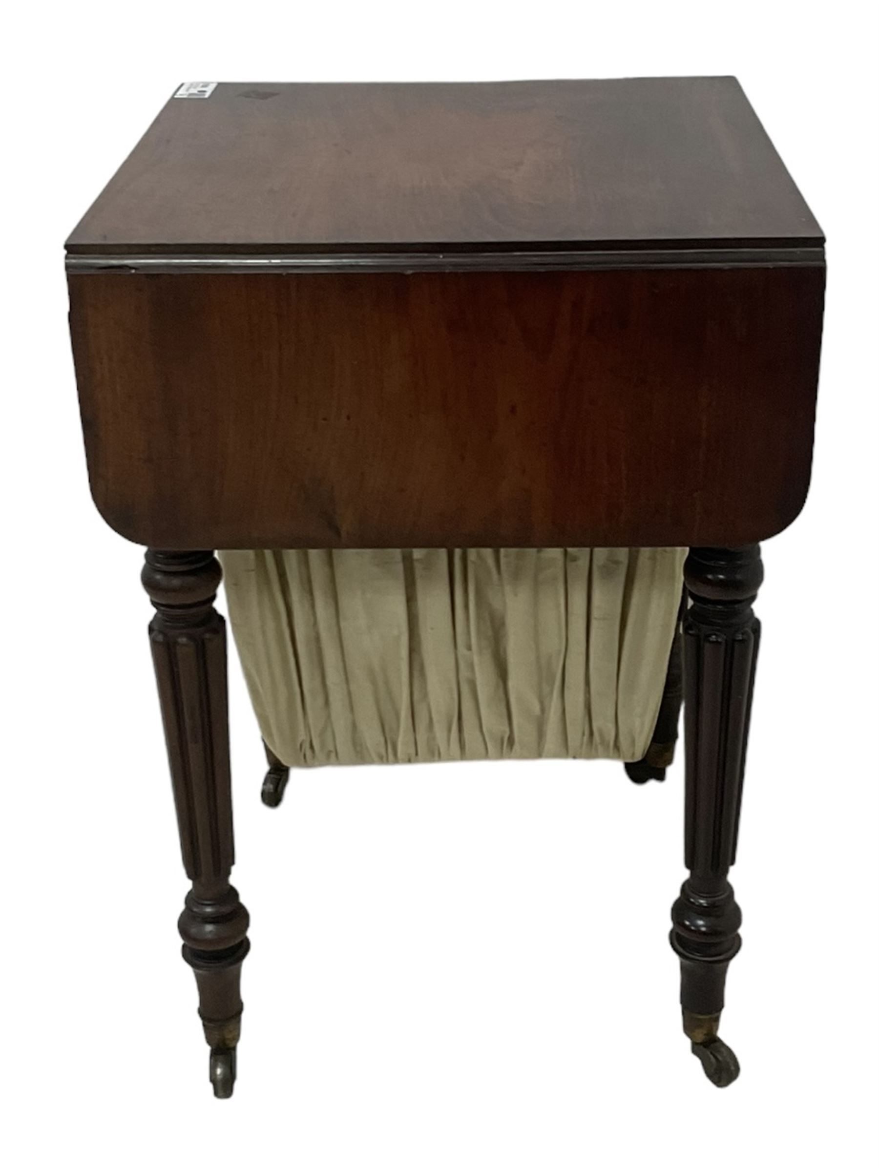 19th century mahogany drop-leaf work table, rectangular top with rounded corners, fitted with two cock-beaded drawers over pleated silk storage well, with matching opposing faux drawers, on turned and lobe moulded supports on castors