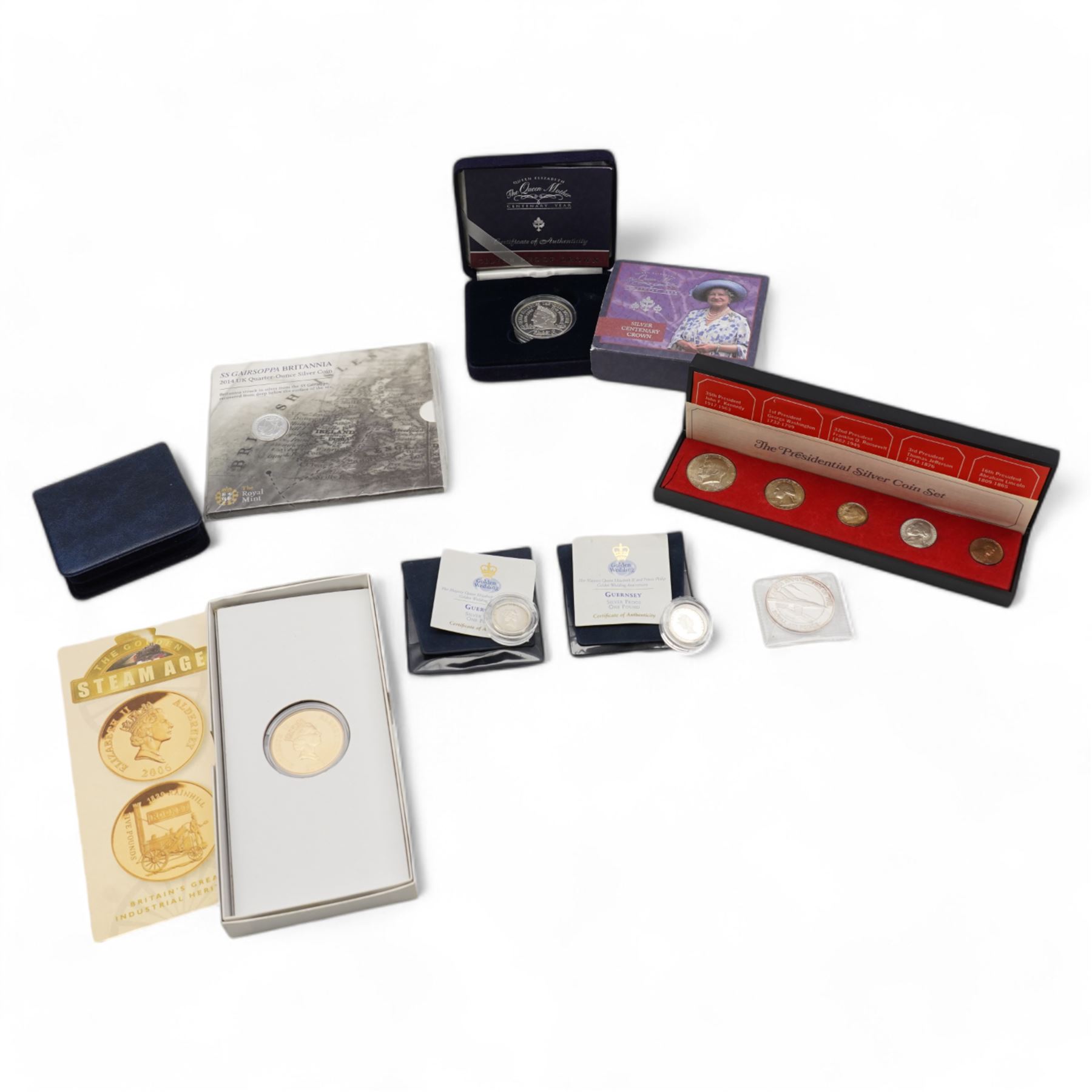 Commemorative and other coinage, including The Royal Mint United Kingdom 2000 'Queen Elizabeth The Queen Mother Centenary Year' silver proof five pounds, 2014 'SS Gairsoppa Britannia' quarter ounce silver coin in card folder, two Bailiwick of Guernsey 1997 silver proof one pound coins etc