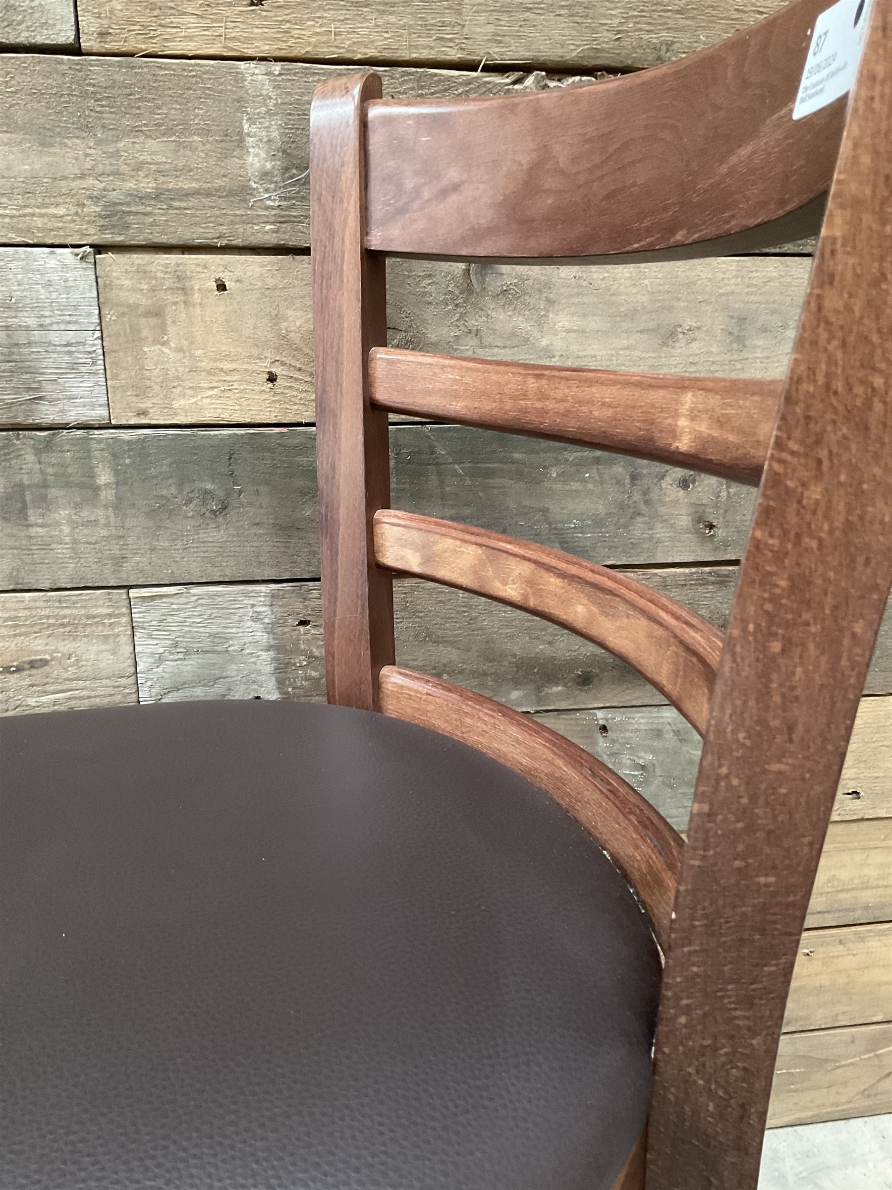 12 x dark walnut low back restaurant chairs, faux leather seat