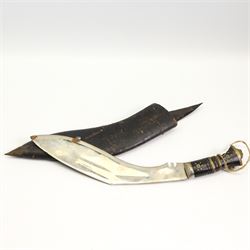 Two 20th century Indian swords with engraved blades, Kukri knife and an Indian knife in carved wood sheath (4)