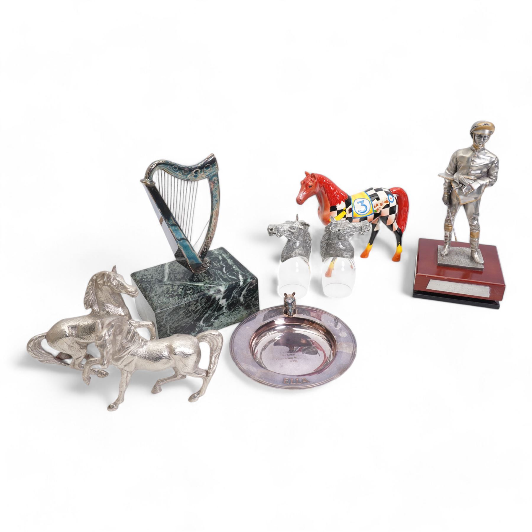 'Winner Harp lager Handicap York 10th July 1976' - Harp on a marble base H23cm, Royal Selangor trophy in the form of a jockey, pair of Royal Selangor horses head stirrup cups pair of York Races plated salvers, 'Art in the City' model of a racehorse, pair of Italian silvered metal horses and other similar items