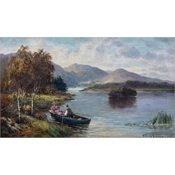 William Langley (British 1852-1922): Couple Rowing in the Trossachs, oil on canvas signed 29cm x 49cm