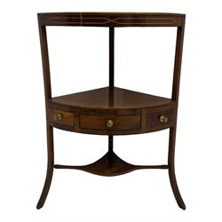 George III mahogany two-tier corner washstand, the inlaid top with geometric border, central drawer flanked by two faux drawers each with brass pull handle, on splayed supports united by shaped under-tier