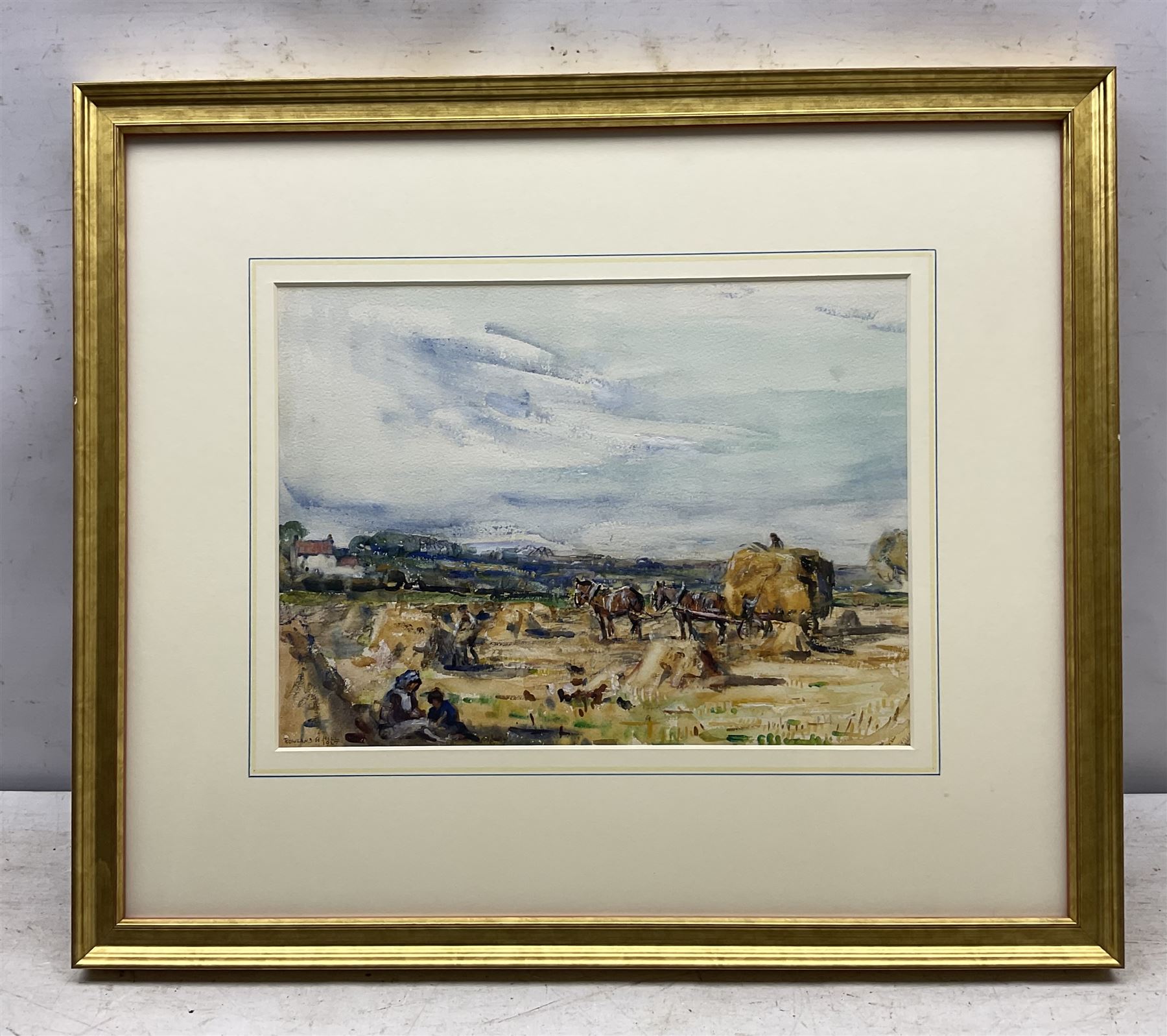 Rowland Henry Hill (Staithes Group 1873-1952): The Summer Harvest Field near Ellerby with Children in the Foreground, watercolour signed and dated 1927, 23.5cm x 32.5cm