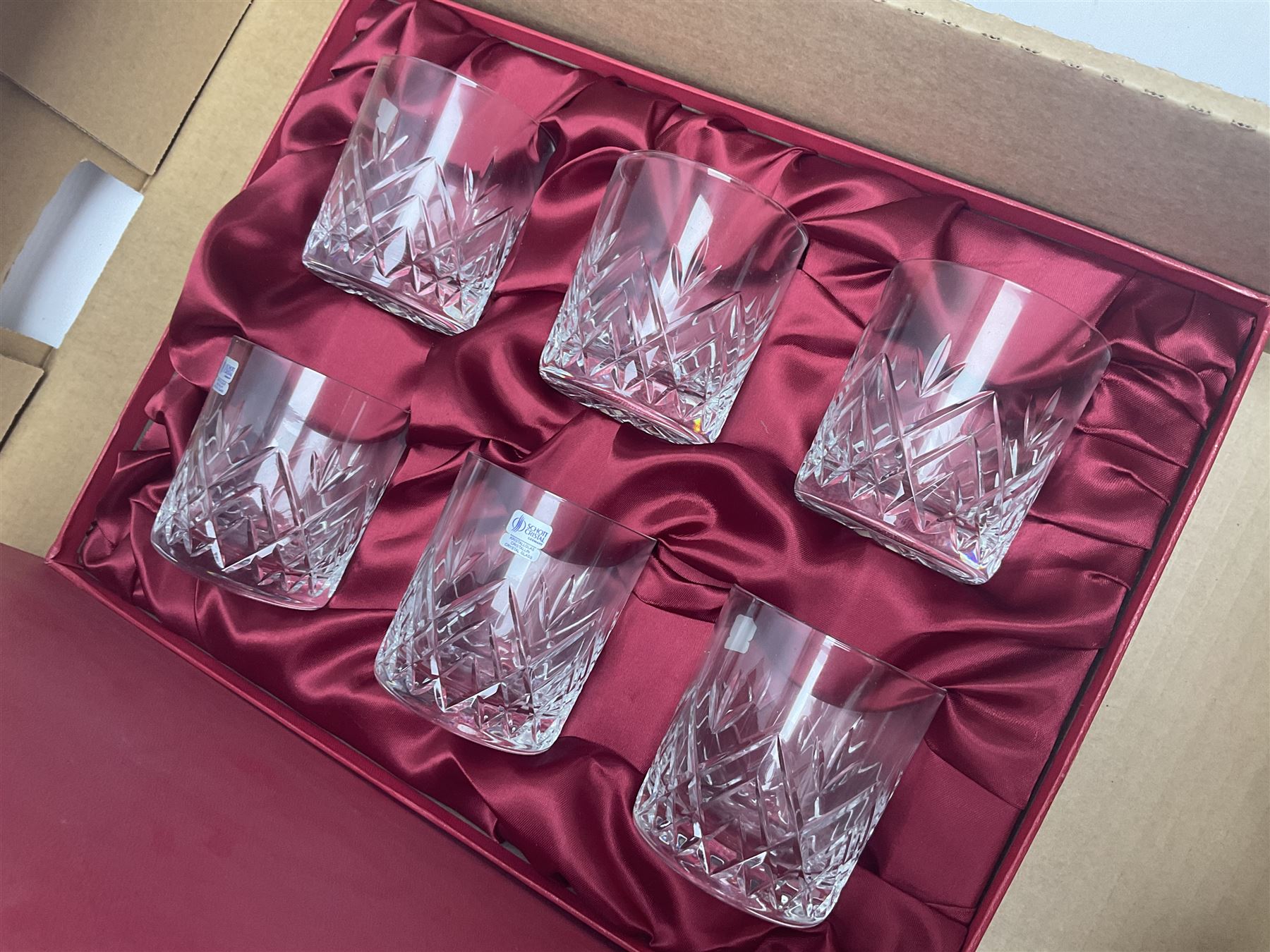 Set of six Royal Scot whisky tumblers, together with cased set of Thomas Wedd glasses, decanters and other glassware, in three boxes 