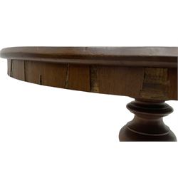 Victorian mahogany centre table, circular top on turned pedestal, on three flower head carved supports with scrolled terminals