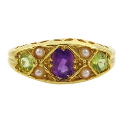 Silver-gilt amethyst, peridot and pearl ring, stamped Sil