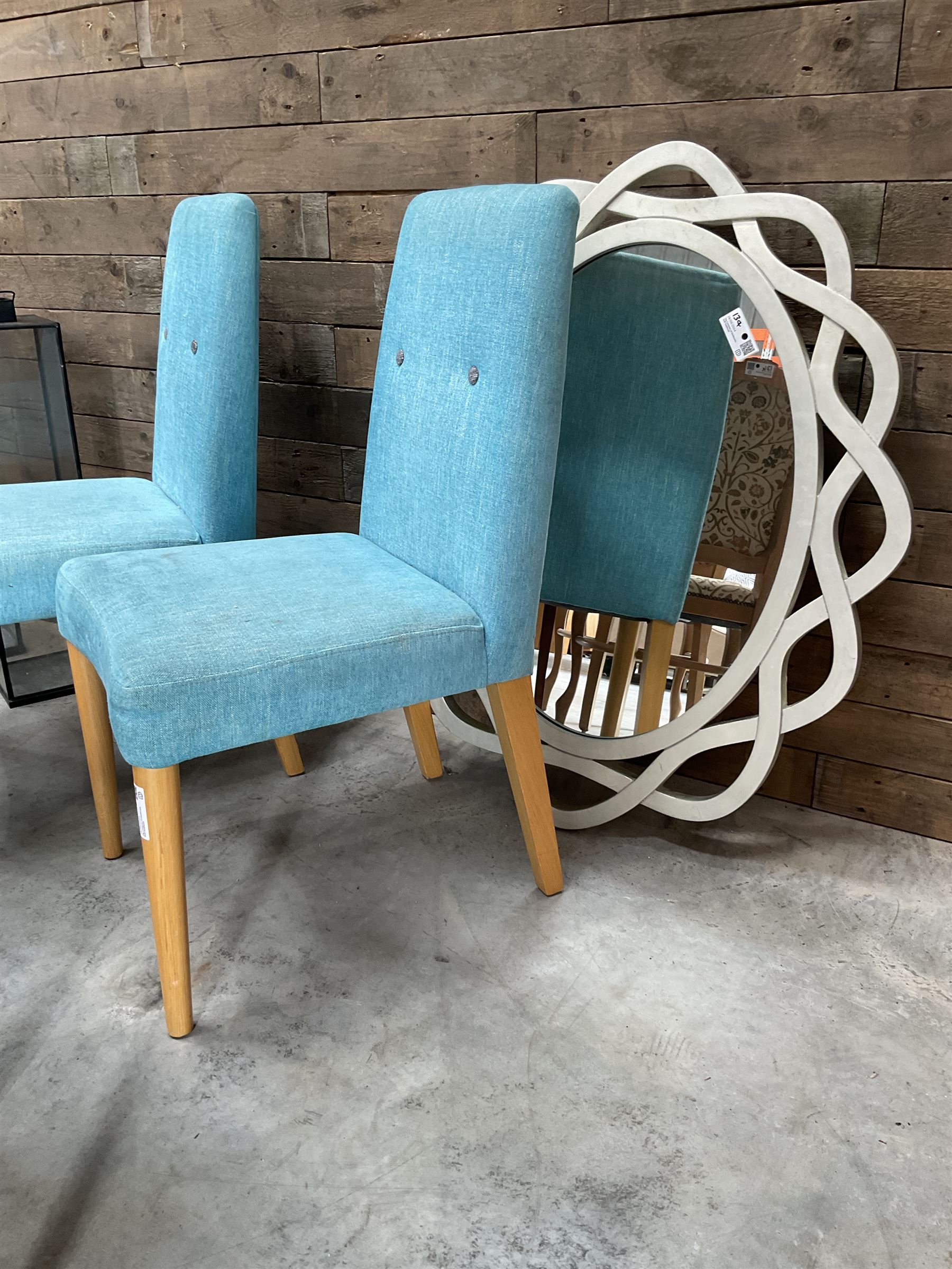 Two metal lanterns, three hessian tub shaped chairs, two blue chairs, two a French chairs, upholstered armchairs, two X framed stools, wall mirror, three drawer chest (14)