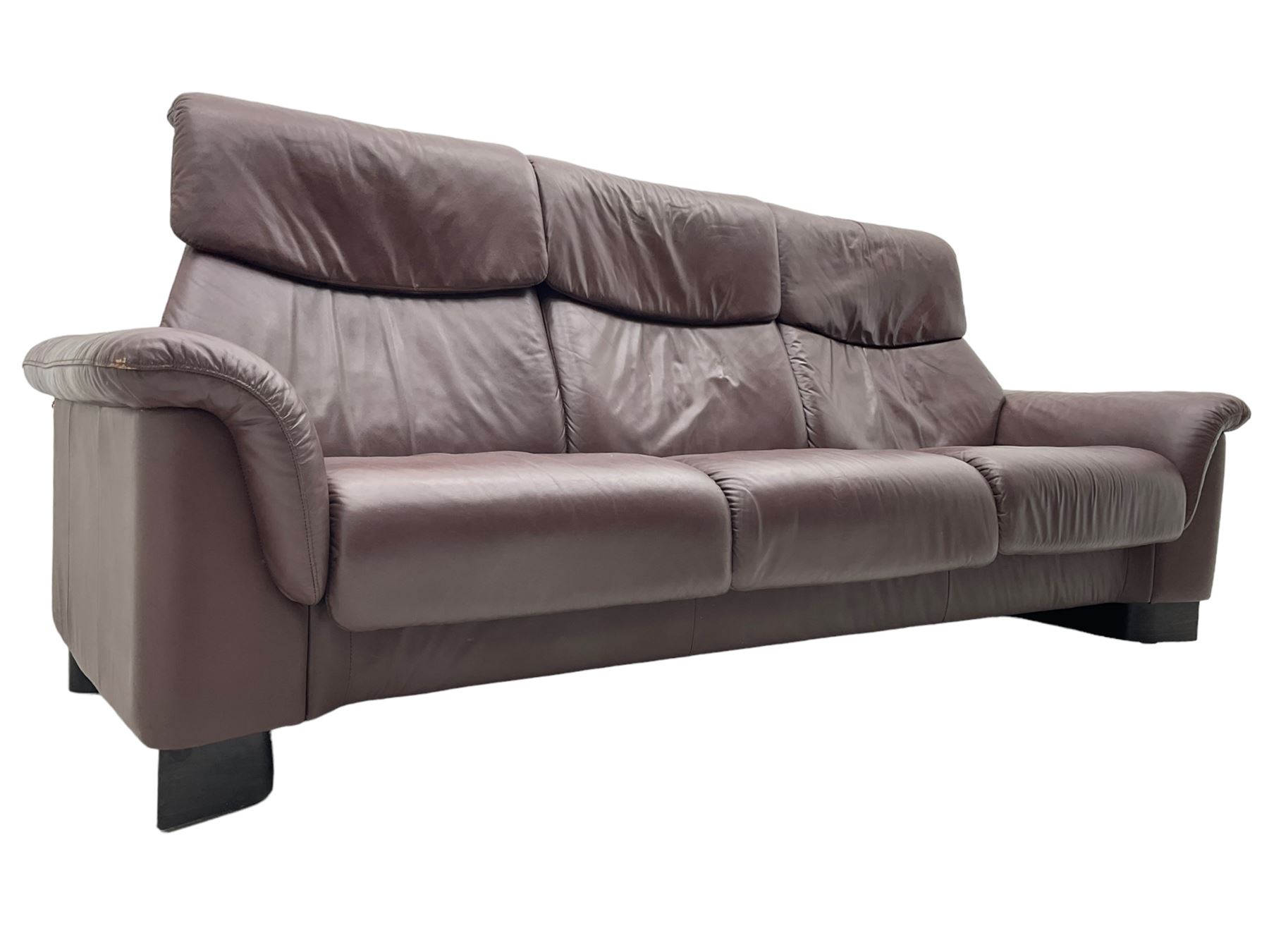 Ekornes Stressless - three-seat sofa upholstered in chocolate brown leather, with high backrests, cushioned headrests, and manual reclining mechanism (L248cm, D84cm, H102cm); with matching two-seat sofa (L184cm, D84cm, H102cm)