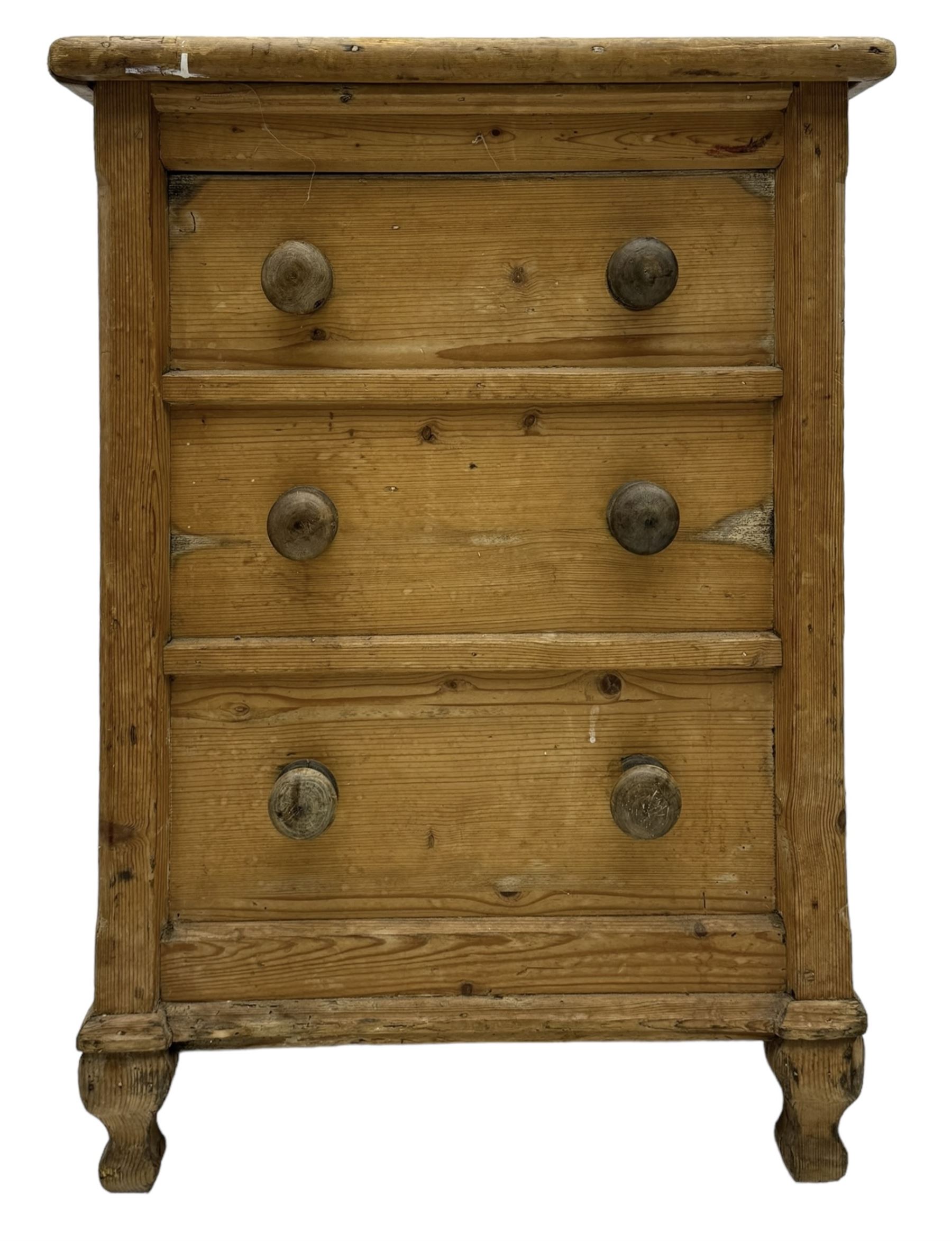 19th century stripped pine pedestal chest, hinged rectangular top with three planks and rounded edges, over three simulated drawer fronts with turned knobs, on turned baluster feet