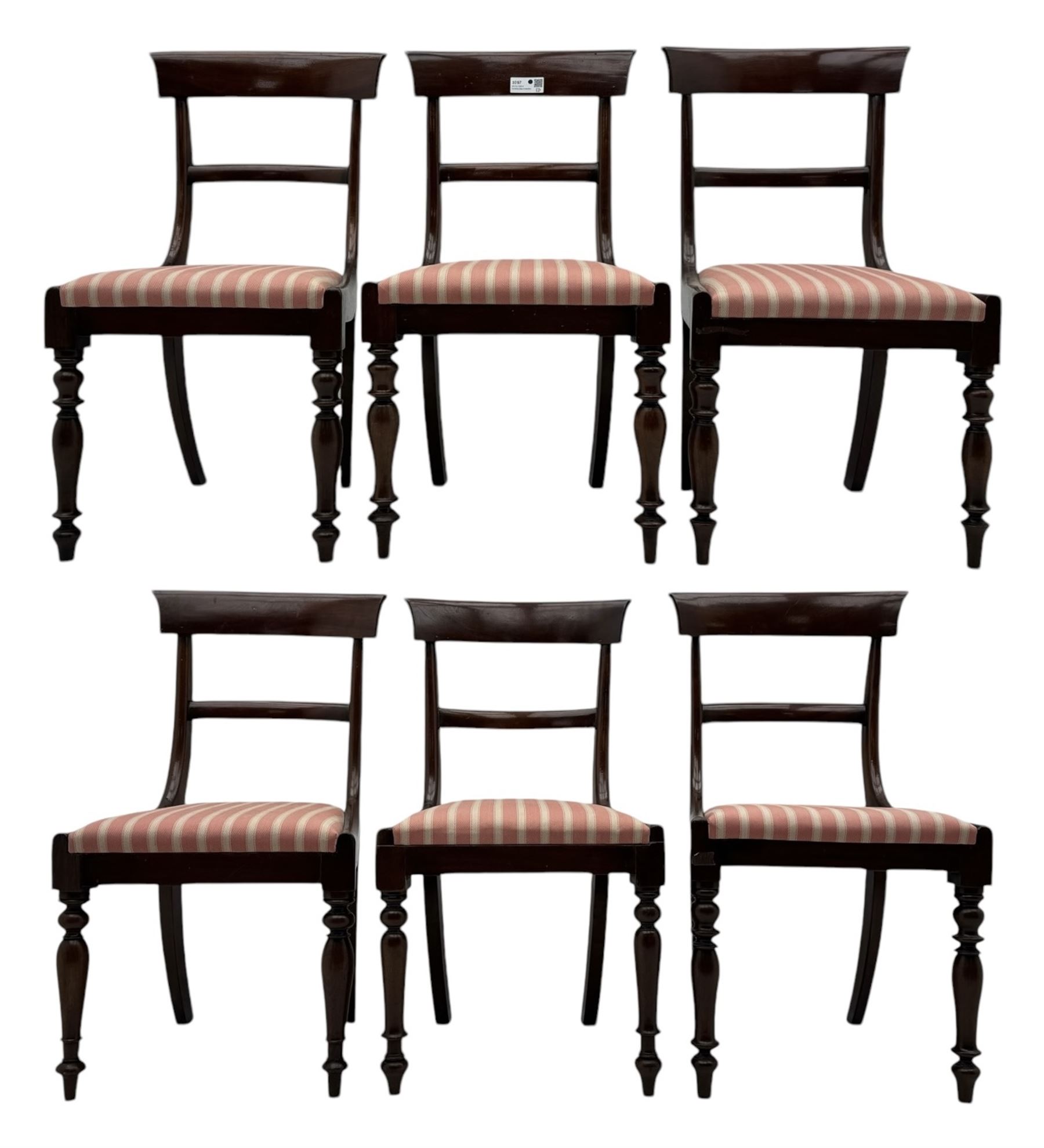 Set of six Victorian mahogany dining chairs, curved bar back over drop-in seat upholstered in striped fabric, on turned front supports