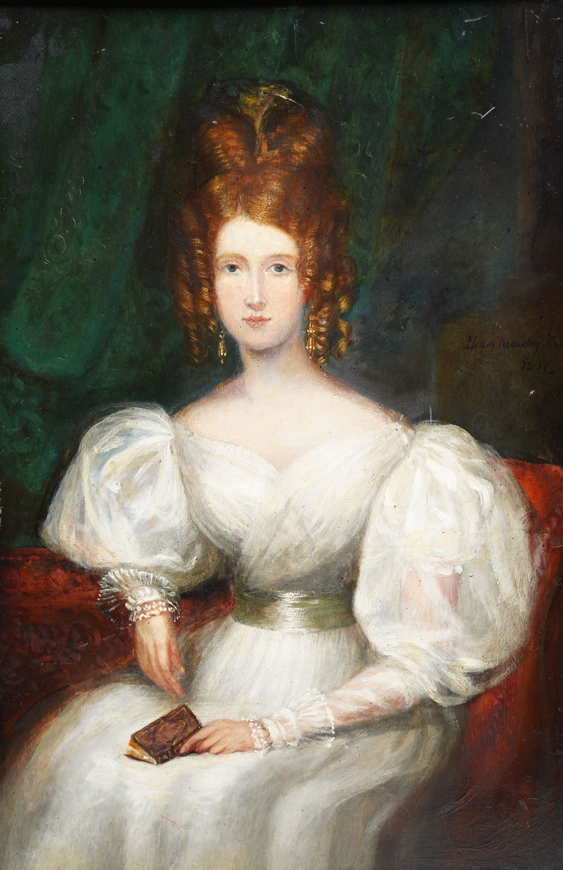 Henry Moseley Snr (British 1798-1866): Seated Portrait of 'Mrs Dove' a William IV Lady with Ringlets in a White Gown, oil on panel signed and dated 1831, inscribed verso 42cm x 28cm