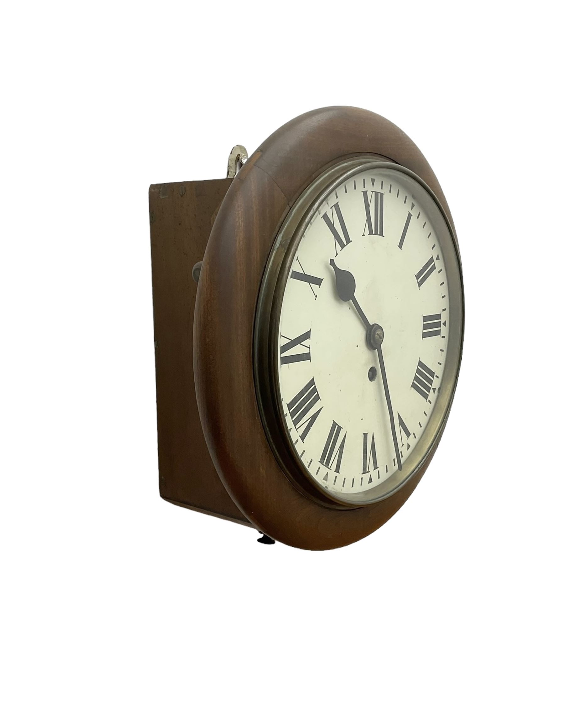 English - early 20th century mahogany cased 8-day fusee wall clock, with a  9”  painted dial ,spun bezel and flat glass,  Roman numerals, minute markers and steel spade hands, wire driven fusee, with pendulum.