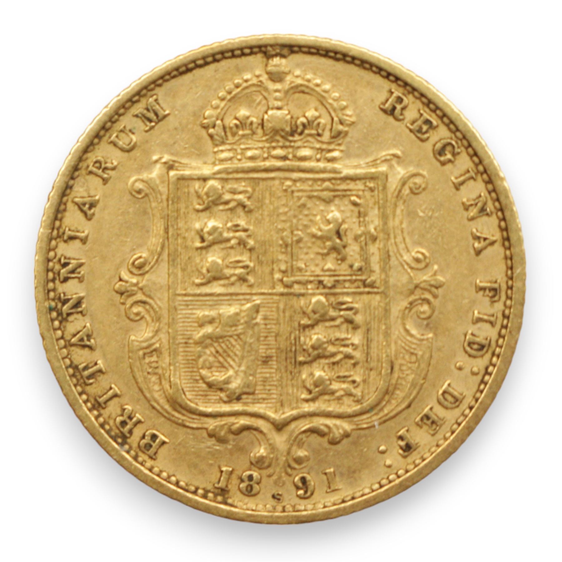 Queen Victoria 1891 gold half sovereign coin, shield back, Sydney mint