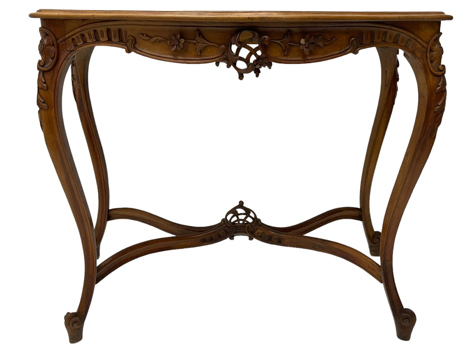 French design walnut console table, shaped top with inset grey marble panel, the frieze pierced and carved with scrolling foliage and applied flower heads, raised on cabriole supports with cartouche carved knees, united by shaped X-stretcher