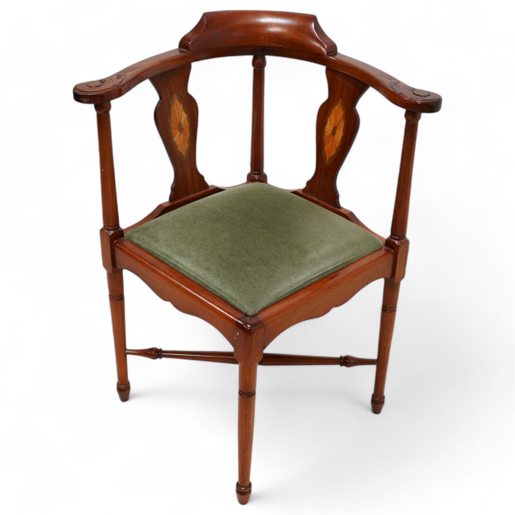 Edwardian inlaid mahogany corner chair, sage green upholstered seat