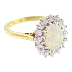 18ct gold opal and round brilliant cut diamond cluster ring, hallmarked, opal 0.66 carat, total diamond weight 0.36 carat