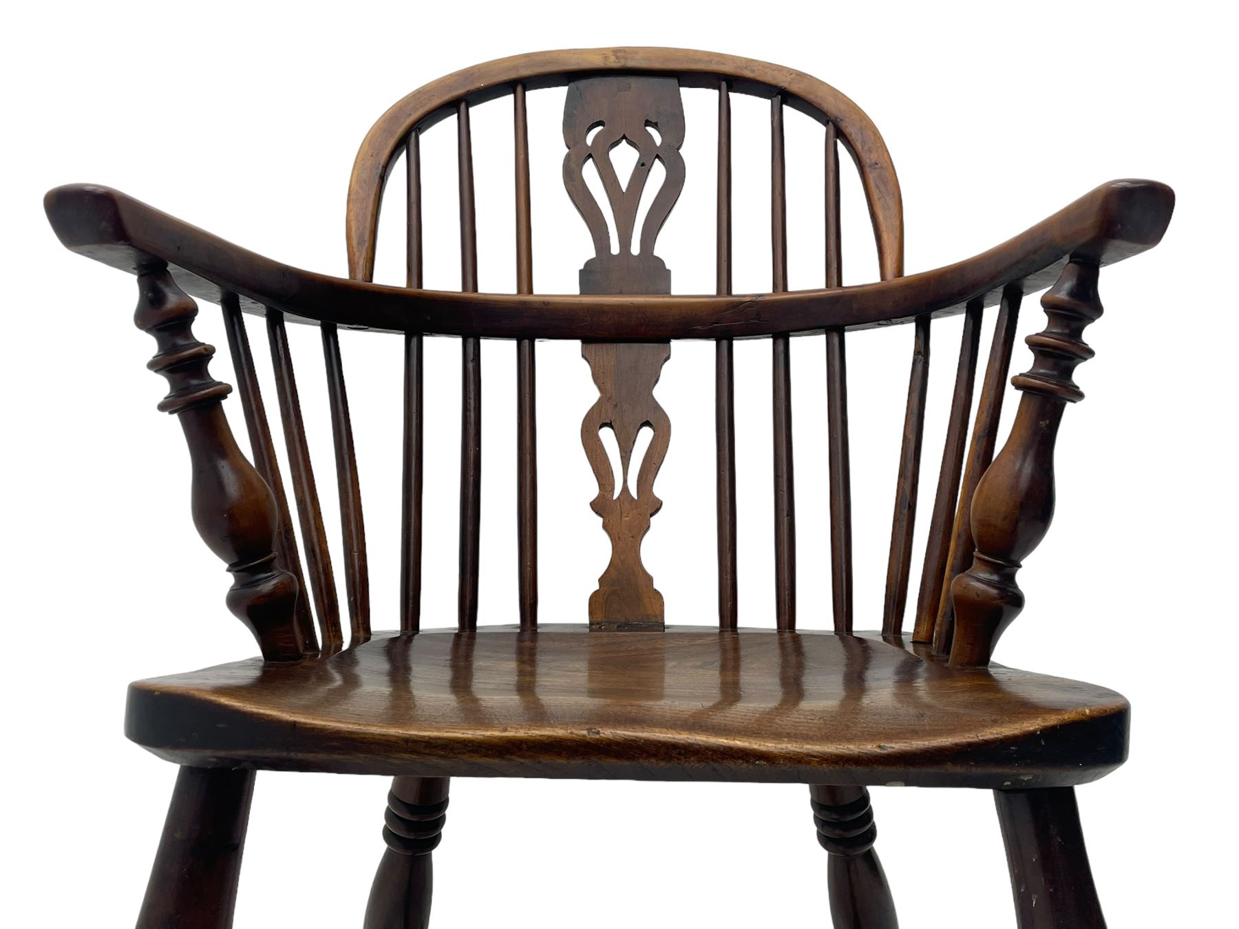 19th century yew wood and elm Windsor armchair, low double hoop stick and pierced splat back, dished seat on turned supports united by crinoline stretchers