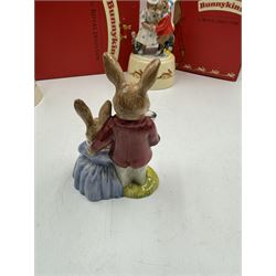 Two Royal Doulton Bunnykins music boxes, comprising Rocking Horse and Winter Waltz together with two Royal Doulton Bunnykins figures Once Upon a Time and Father, Mother & Victoria, all with original boxes  