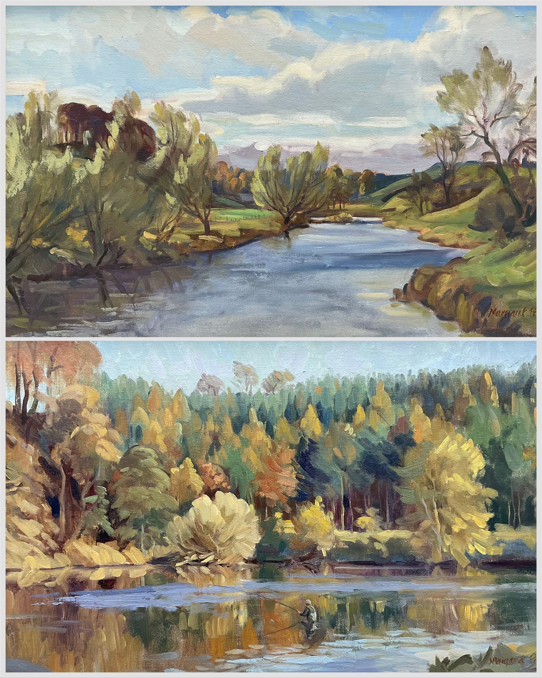 Margaret Peach (British 20th century): 'River Teviot' Scottish, pair oils on canvas signed, titled and dated 1988 verso 29cm x 50cm (2)