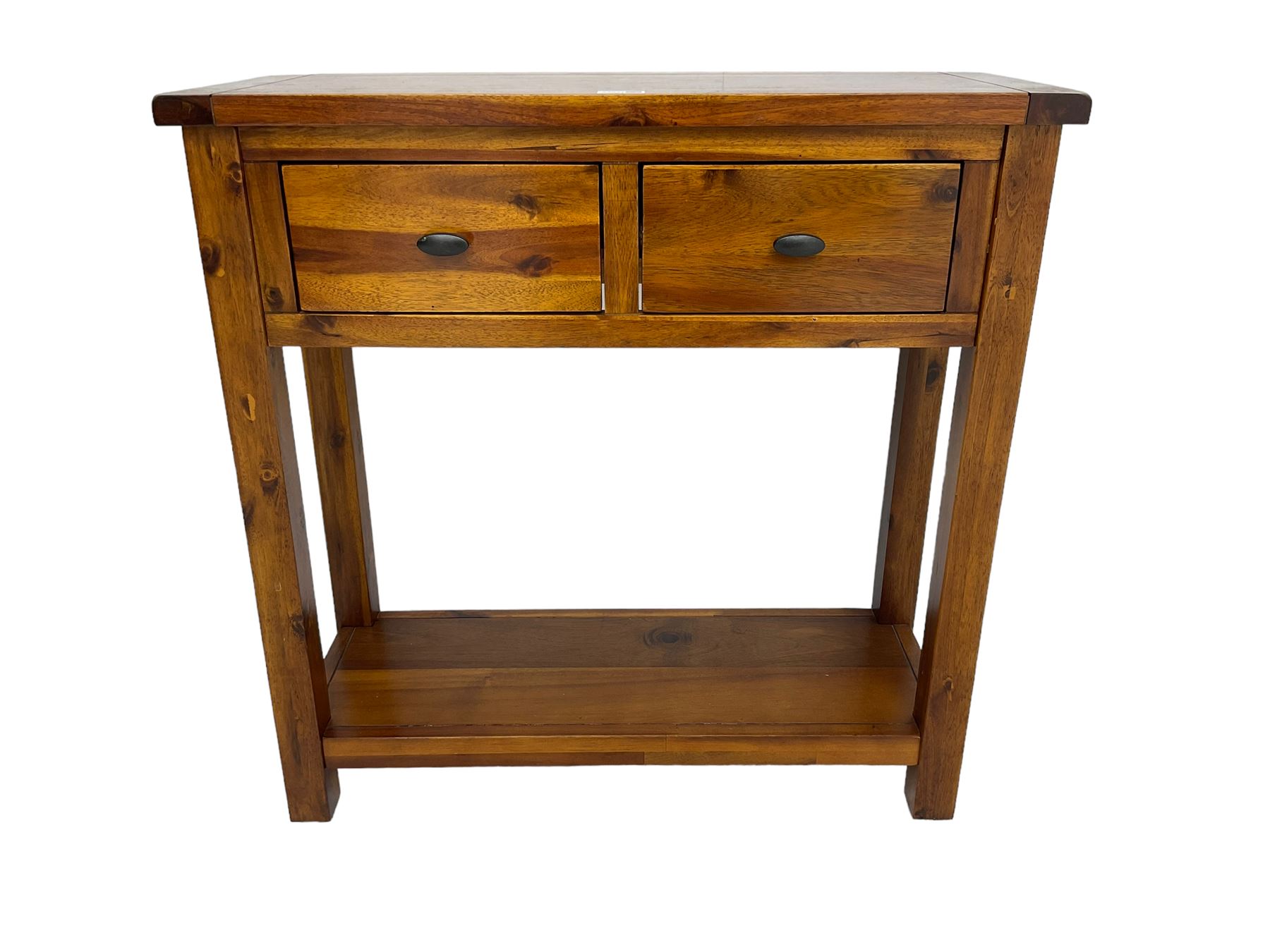 Hardwood side or hall table, rectangular top over two drawers, on square supports joined by undertier 