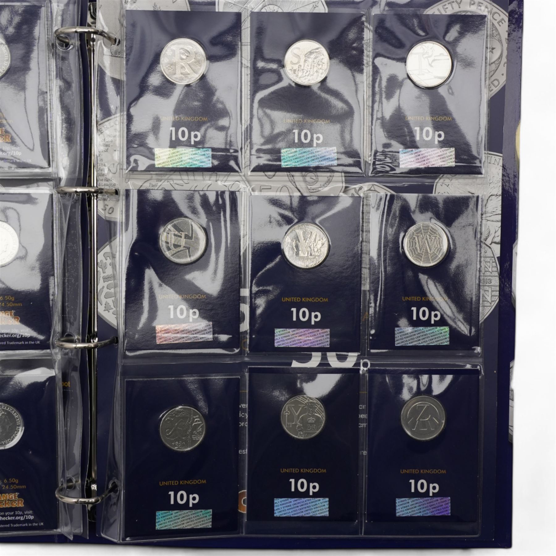 Queen Elizabeth II United Kingdom 2018 A to Z ten pence coin collection, with completer medallion and '50th Anniversary of the 50p' six fifty pence coins all dated 2019 including Kew Gardens re-issue, all on Change Checker cards housed in a ring binder folder