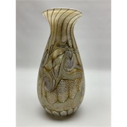 Three Gozo Glass vases of various shapes, decorated with mottled and swirled textured designs in shades of brown, together with two murano  pedestal dishes, largest dish H23cm