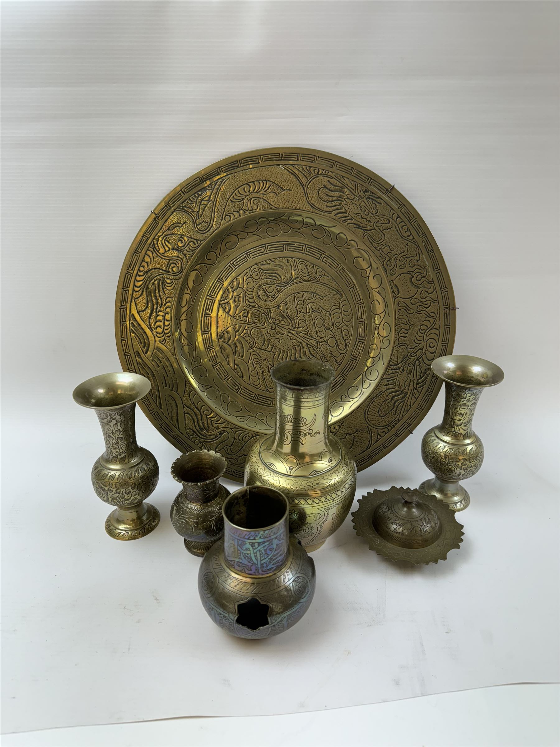 Pair of brass vases, together with brass charger and other metalware 