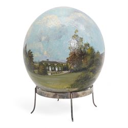 Stella Reading - Ostrich egg painted with a view of Copgrove Hall with the stables and grounds and on a plated stand, signed and dated 1985 H16cm overall