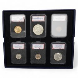 Two United States of America one ounce fine silver inaugural strike one dollar coins dated 2018, 2019 and a Westminster set 'American Firsts Collection' comprising six coins