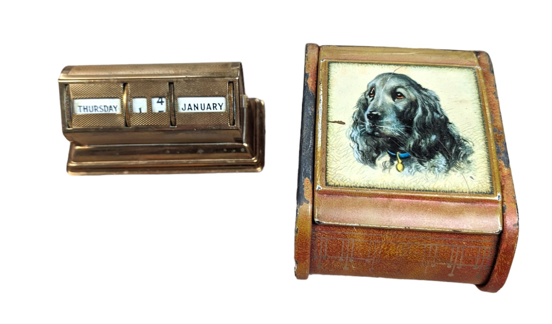 1920s brass perpetual calendar and a small metal trinket box with spaniel decoration, calendar H6cm