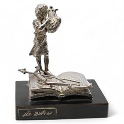 Isaac Jeheskel - Filled silver figure 'Blessing of Seder' marked 925 Sterling on rockwork base H12cm, another religious figure of David playing his harp marked 15/950 and a plaque of Jerusalem marked 925