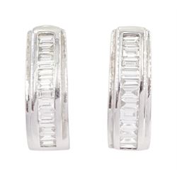 Pair of 18ct white gold channel set, baguette cut diamond half hoop earrings, total diamond weight approx 0.50 carat