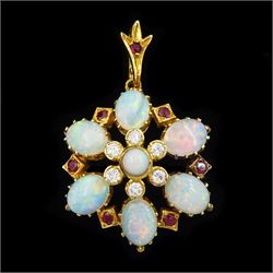 18ct gold opal, single cut diamond and ruby pendant / brooch