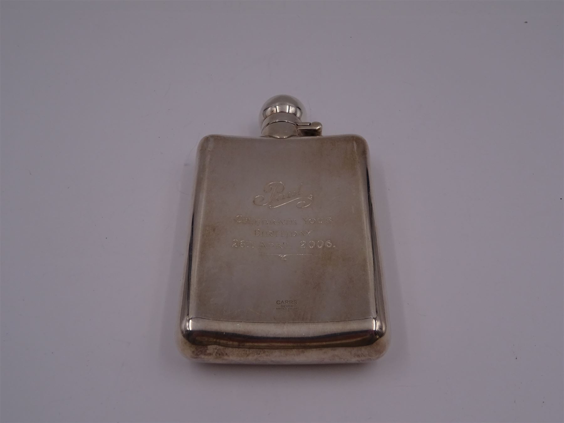 Modern silver hip flask, of typical form with hinged cap, the body with personal engraving, hallmarked Carr's of Sheffield Ltd, Sheffield 2005, H12.5cm