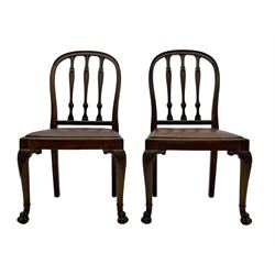 Set of six early 20th century Hepplewhite design mahogany dining chairs, moulded arched frame back, three shaped vertical rails carved with stylised foliate decoration, drop-in seats upholstered in brown fabric within moulded seat rails, on acanthus leaf carved cabriole supports with paw carved terminals 