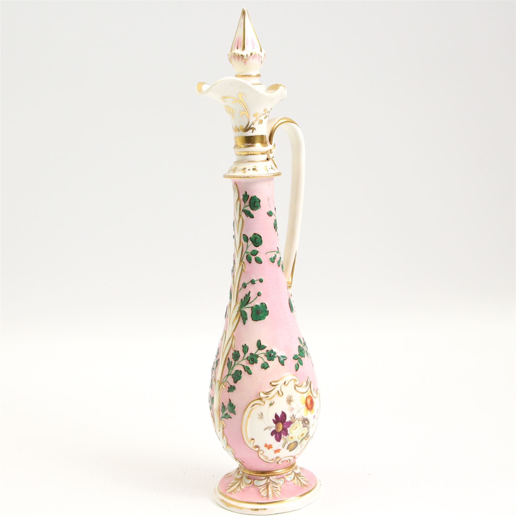 19th century porcelain scent or essence bottle, possibly by Henry & Richard Daniel, of baluster form, relief moulded with leaves and flowers and painted with panels of flowers,  with associated conical form stopper, H30.5cm together with a 19th century French scent bottle and stopper (2)