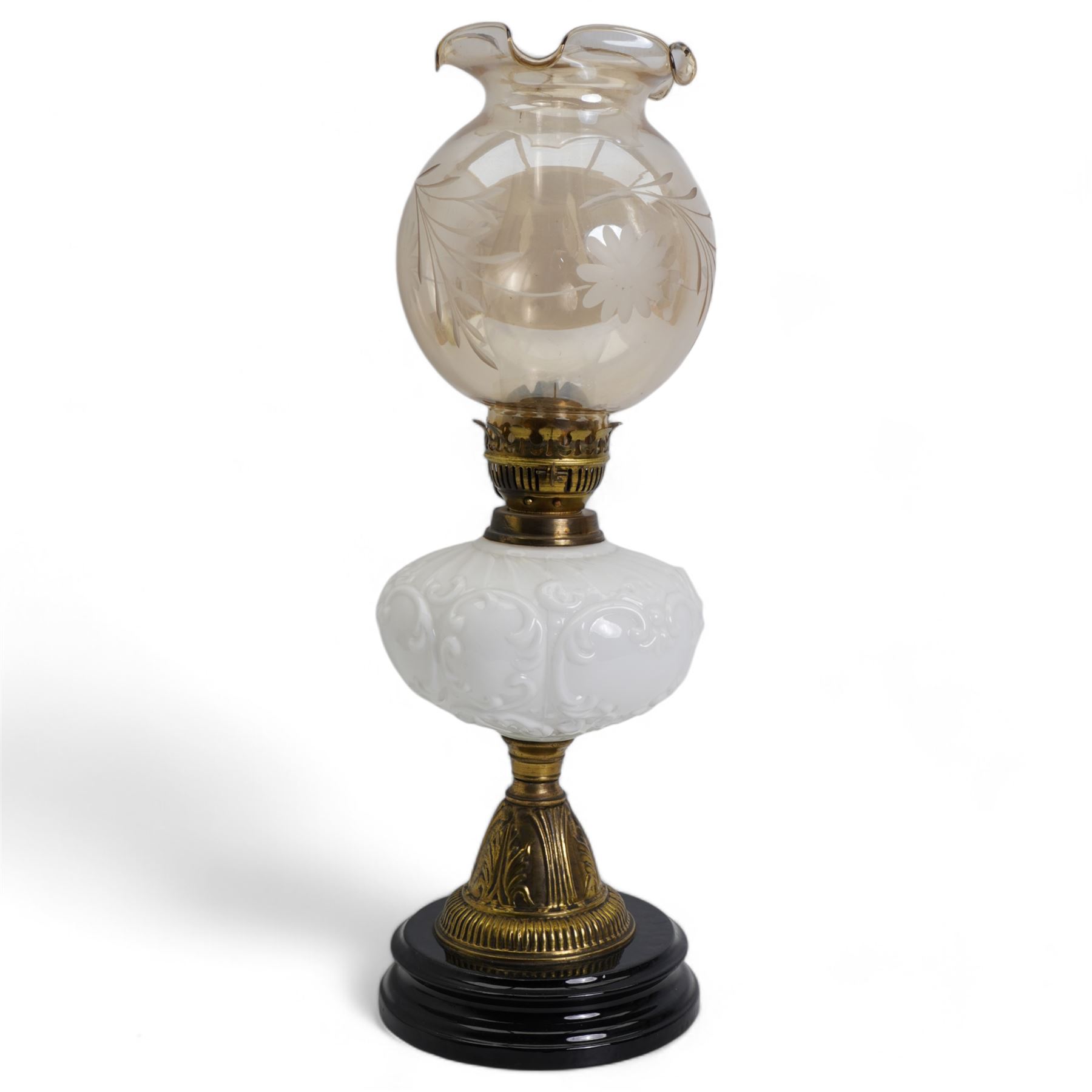 19th/ early 20th century brass oil lamp with opaque glass reservoir and black base, H54cm