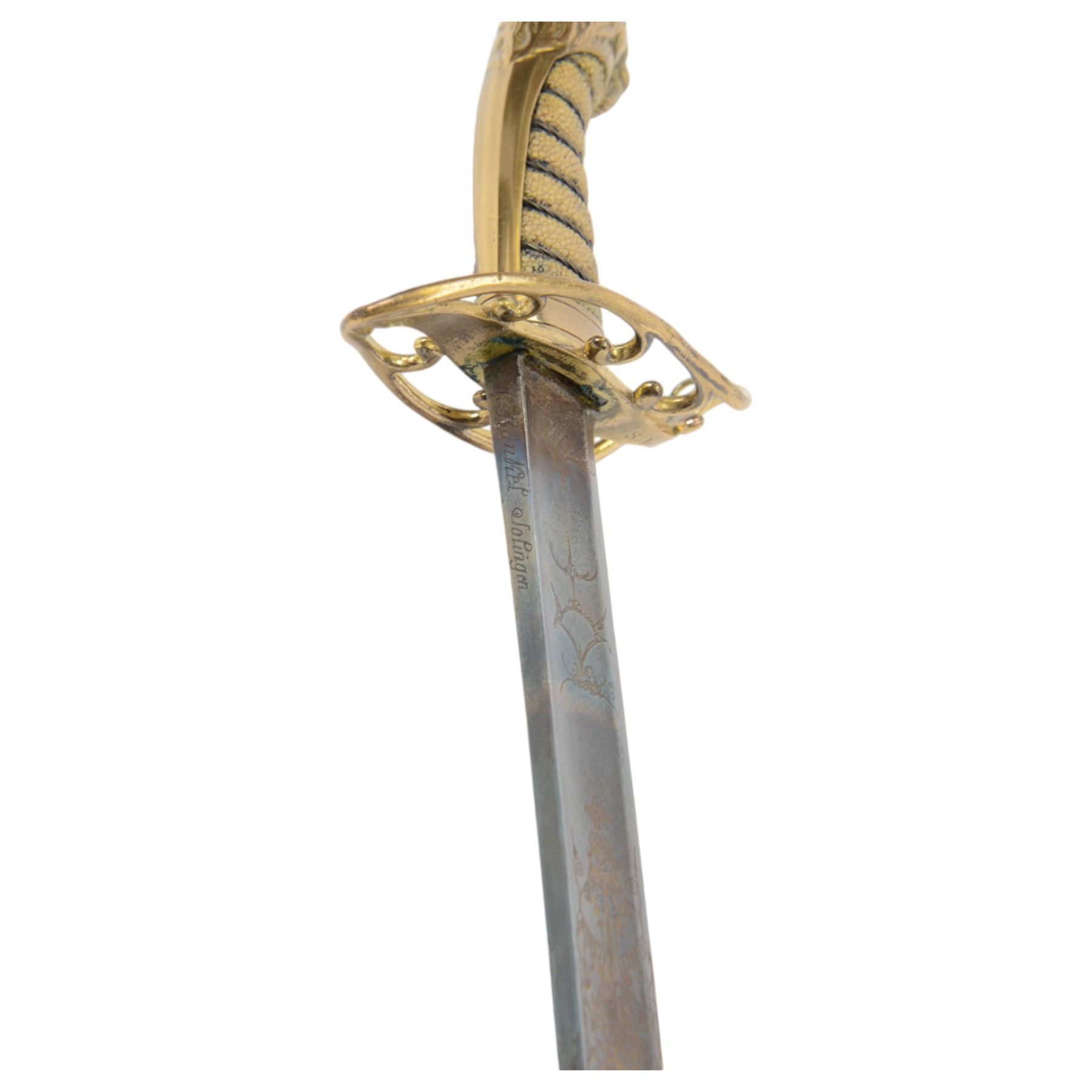 Georgian 1803 British general officer's scimitar, curving blade with traces of engraving, pierced brass hilt marked SL beneath, wire-bound fish skin grip with lion head pommel, overall L96cm